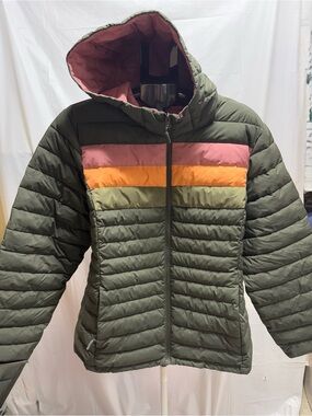 HFX Outdoors Men’s XXL Colorblock Puffer Jacket Hooded Green Pink Orange